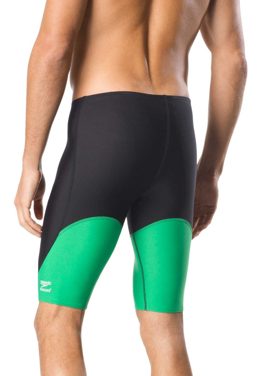 Speedo Men's Spark Splice Jammer Swimsuit - A black and green swimsuit with a distinctive sparkly pattern on the front, featuring a solid color back.