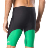 Speedo Men's Spark Splice Jammer Swimsuit - A black and green swimsuit with a distinctive sparkly pattern on the front, featuring a solid color back.