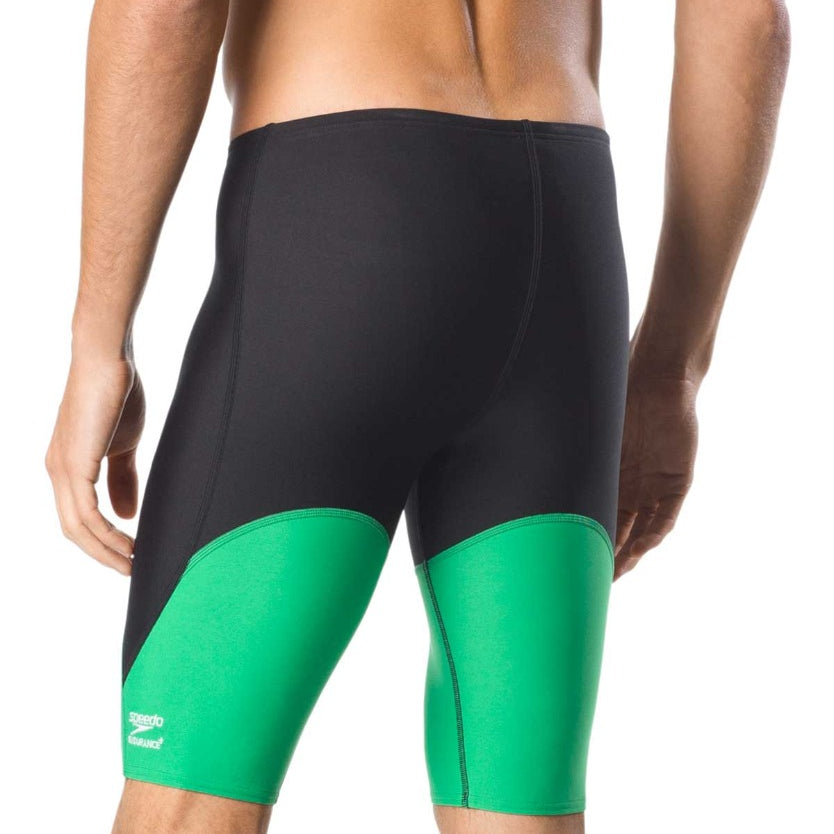 Speedo Men's Spark Splice Jammer Swimsuit - A black and green swimsuit with a distinctive sparkly pattern on the front, featuring a solid color back.