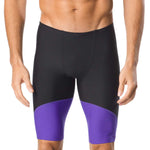 Speedo Men's Spark Splice Jammer Swimsuit - A black swimsuit with a purple stripe down the side and a small white logo on the left hip.