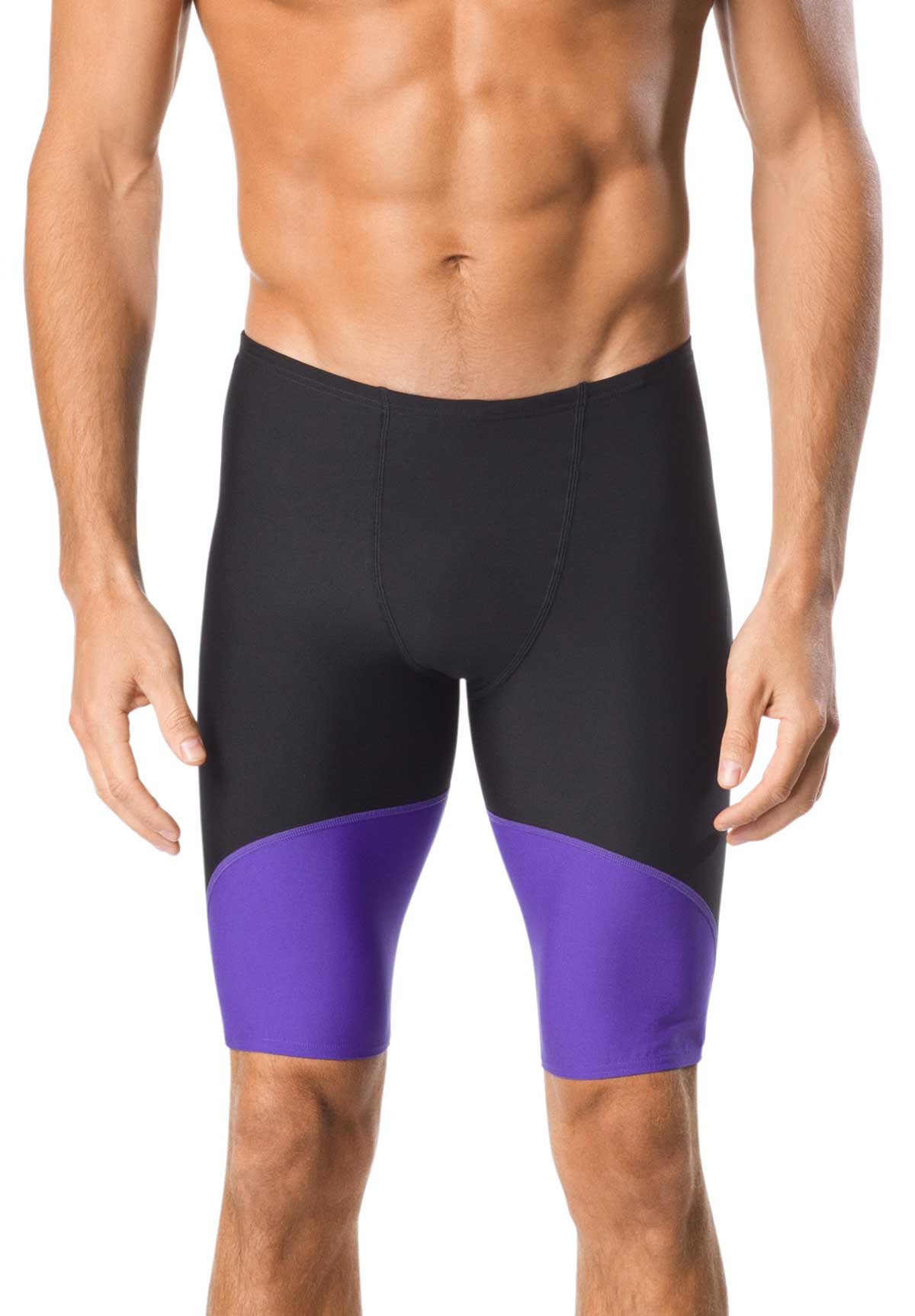 Speedo Men's Spark Splice Jammer Swimsuit - A black swimsuit with a purple stripe down the side and a small white logo on the left hip.