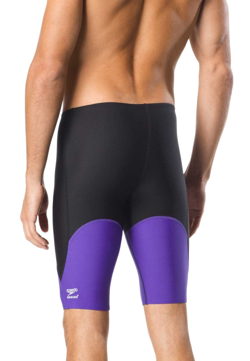 Speedo Men's Spark Splice Jammer Swimsuit - A black and purple swimsuit with a distinctive sparkly pattern on the front, featuring a solid color back.