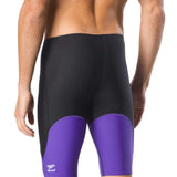 Speedo Men's Spark Splice Jammer Swimsuit - A black and purple swimsuit with a distinctive sparkly pattern on the front, featuring a solid color back.
