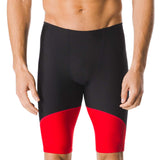 Speedo Men's Spark Splice Jammer Swimsuit - Black swimsuit with red and white striped pattern on the sides, featuring a high-cut leg design.