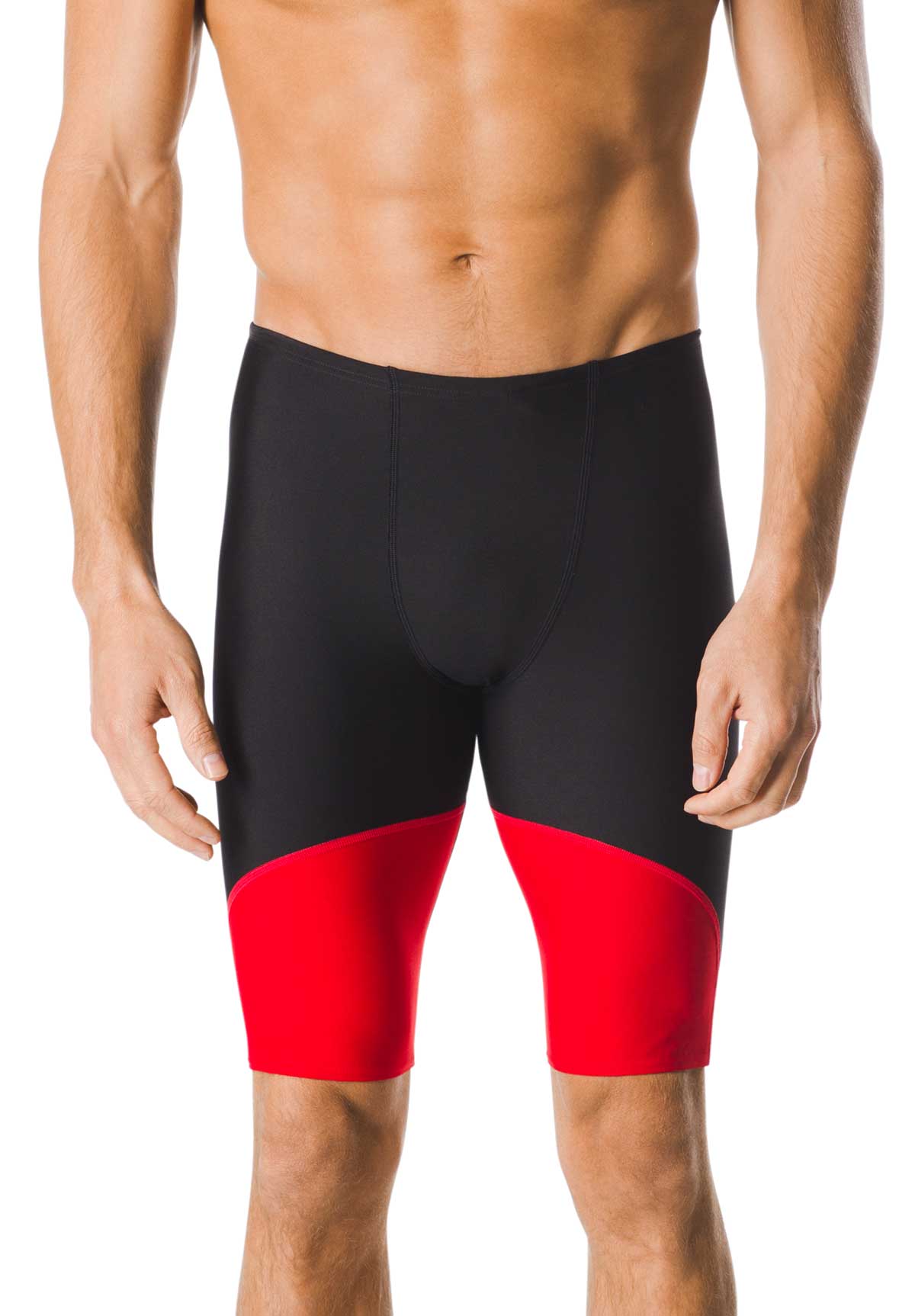 Speedo Men's Spark Splice Jammer Swimsuit - Black swimsuit with red and white striped pattern on the sides, featuring a high-cut leg design.