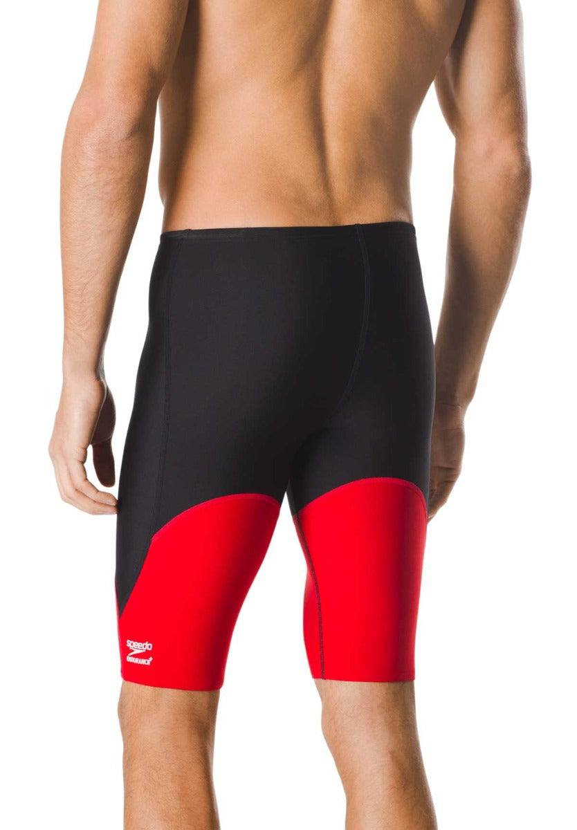 Speedo Men's Spark Splice Jammer Swimsuit - A black and red jammer swimsuit with a distinctive "Spark" logo on the left leg.