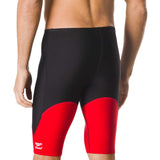 Speedo Men's Spark Splice Jammer Swimsuit - A black and red jammer swimsuit with a distinctive "Spark" logo on the left leg.