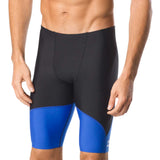 Speedo Men's Spark Splice Jammer Swimsuit - A black swimsuit with a blue and white striped pattern on the sides, featuring a high-cut leg design.