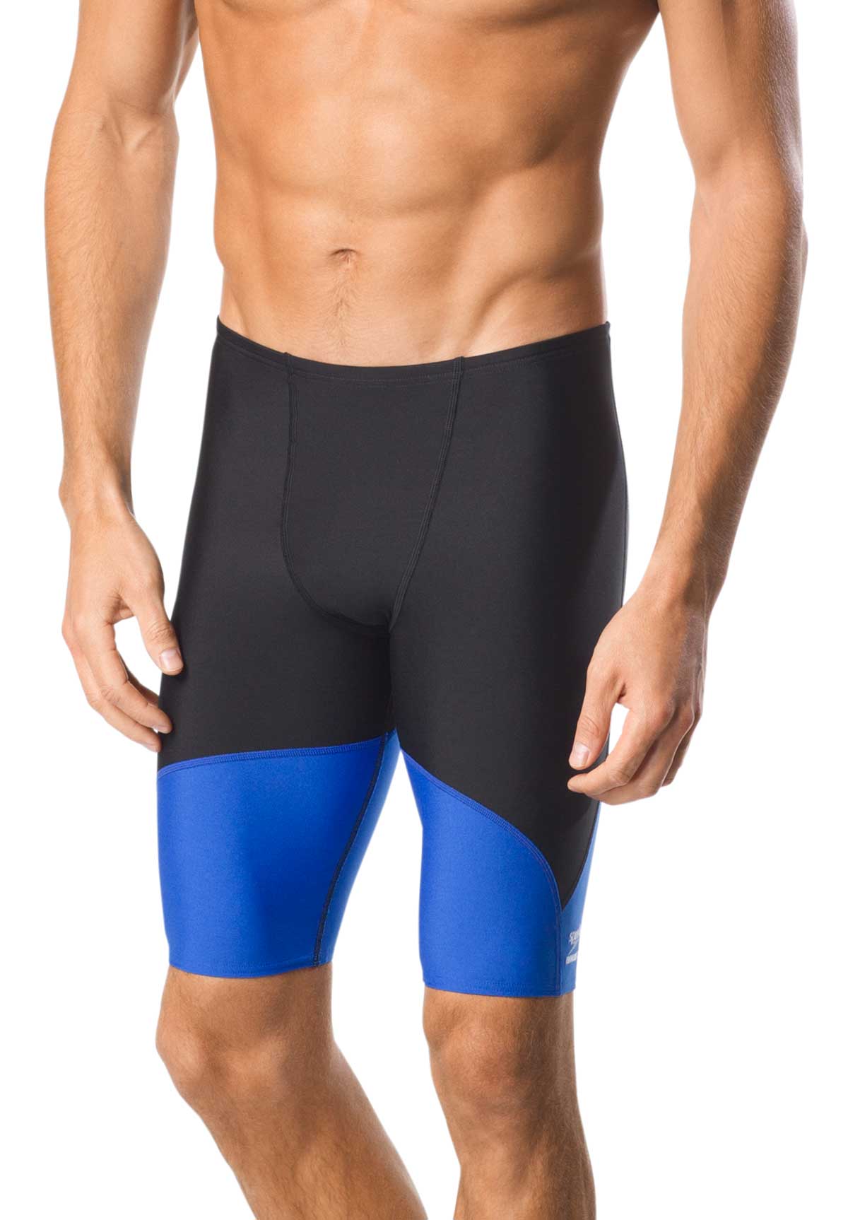 Speedo Men's Spark Splice Jammer Swimsuit - A black swimsuit with a blue and white striped pattern on the sides, featuring a high-cut leg design.