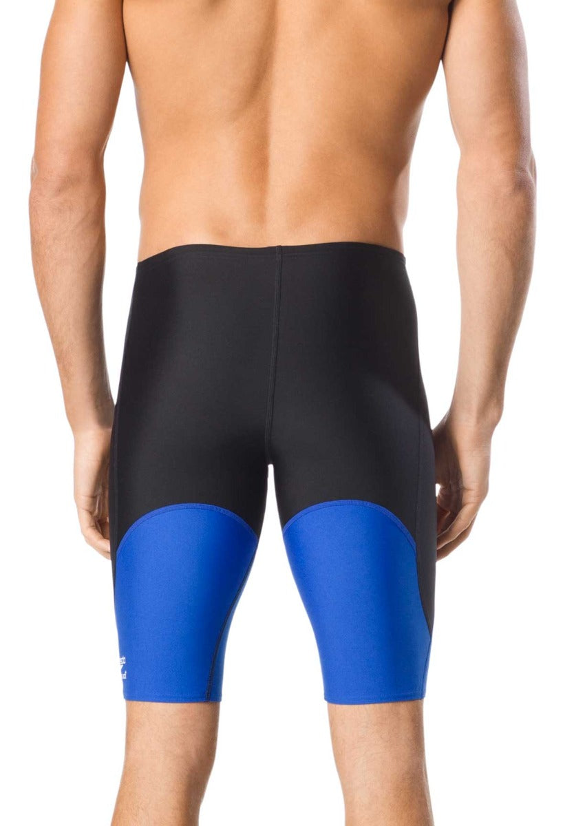Speedo Men's Spark Splice Jammer Swimsuit - A black swimsuit with a blue and white striped pattern on the sides, featuring a solid black waistband.