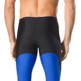 Speedo Men's Spark Splice Jammer Swimsuit - A black swimsuit with a blue and white striped pattern on the sides, featuring a solid black waistband.