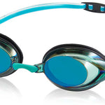 Speedo Vanquisher 2.0 Mirrored Swim Goggle - A pair of mirrored swim goggles with a sleek, modern design and a subtle blue tint on the lenses.