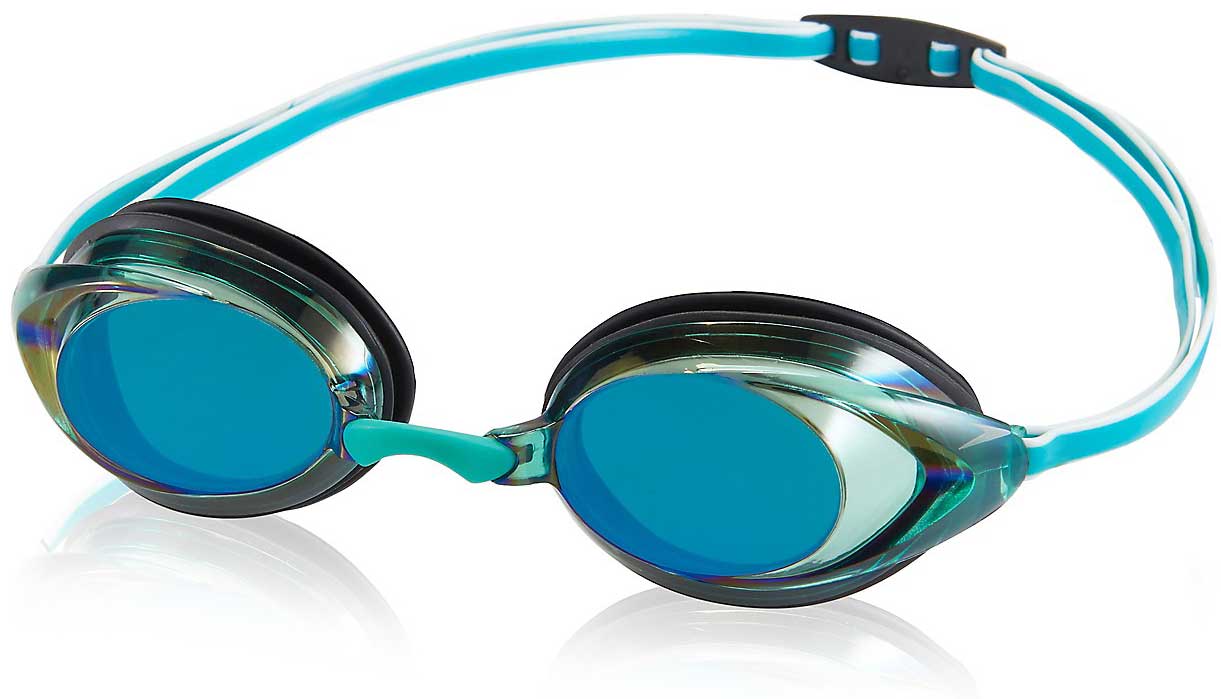 Speedo Vanquisher 2.0 Mirrored Swim Goggle - A pair of mirrored swim goggles with a sleek, modern design and a subtle blue tint on the lenses.