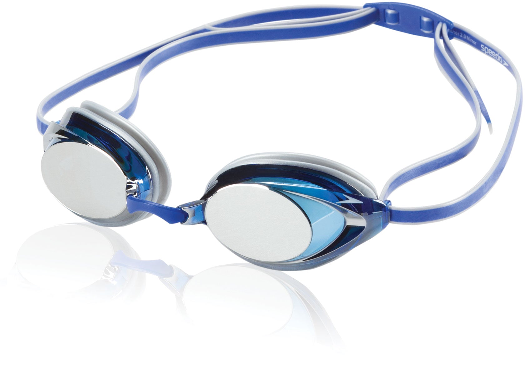 Speedo Vanquisher 2.0 Mirrored Swim Goggle - A pair of mirrored swim goggles with a sleek, modern design and a strap that wraps around the head.