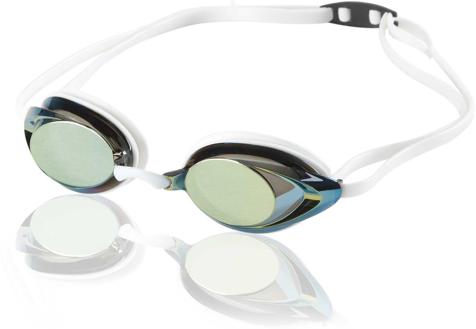 Speedo Vanquisher 2.0 Mirrored Swim Goggle - The goggles have mirrored lenses and a white strap.
