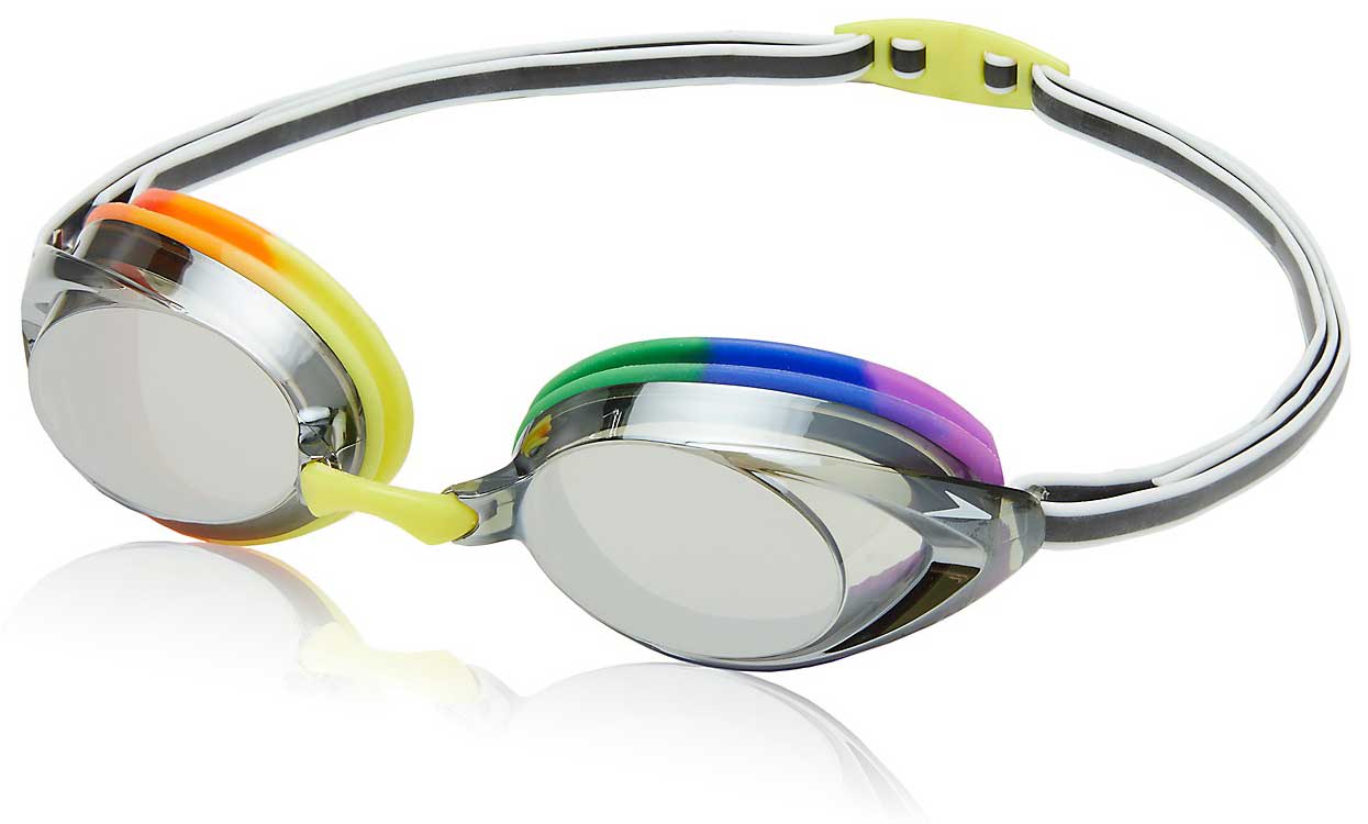 Speedo Vanquisher 2.0 Mirrored Swim Goggle - A pair of mirrored swim goggles with a sleek, modern design and silver lenses.