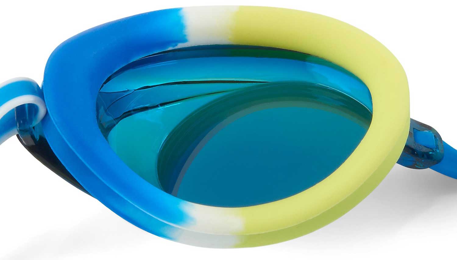 Speedo Jr. Vanquisher 2.0 Mirrored Swim Goggle - A blue swim goggle with mirrored lenses and a white strap.