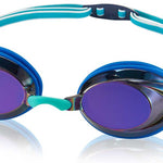 Speedo Jr. Vanquisher 2.0 Mirrored Swim Goggle - A pair of mirrored swim goggles with a sleek, modern design and a subtle purple tint on the lenses.
