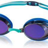Speedo Jr. Vanquisher 2.0 Mirrored Swim Goggle - A pair of mirrored swim goggles with a sleek, modern design and a subtle purple tint on the lenses.