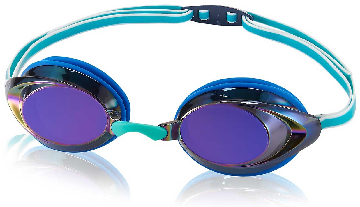 Speedo Jr. Vanquisher 2.0 Mirrored Swim Goggle - A pair of mirrored swim goggles with a sleek, modern design and a subtle purple tint on the lenses.