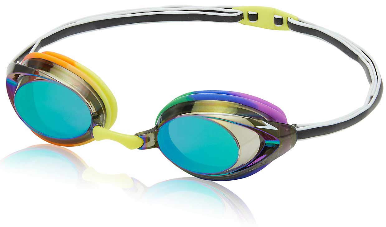 Speedo Jr. Vanquisher 2.0 Mirrored Swim Goggle - A pair of mirrored swim goggles with a sleek, modern design and a subtle logo on the strap.