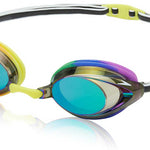 Speedo Jr. Vanquisher 2.0 Mirrored Swim Goggle - A pair of mirrored swim goggles with a sleek, modern design and a subtle logo on the strap.