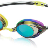 Speedo Jr. Vanquisher 2.0 Mirrored Swim Goggle - A pair of mirrored swim goggles with a sleek, modern design and a subtle logo on the strap.