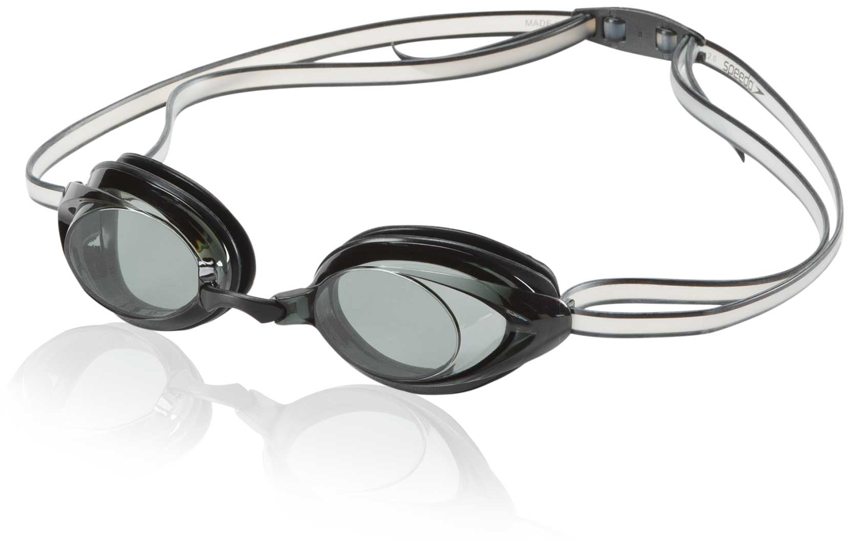 Speedo Jr. Vanquisher 2.0 Swim Goggle - Black swim goggles with dark gray lenses and a black strap.
