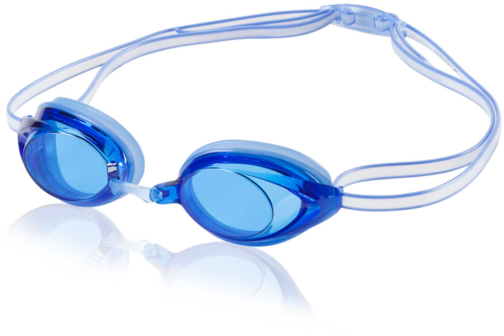 Speedo Jr. Vanquisher 2.0 Swim Goggle - Blue swim goggles with clear lenses and a blue strap.