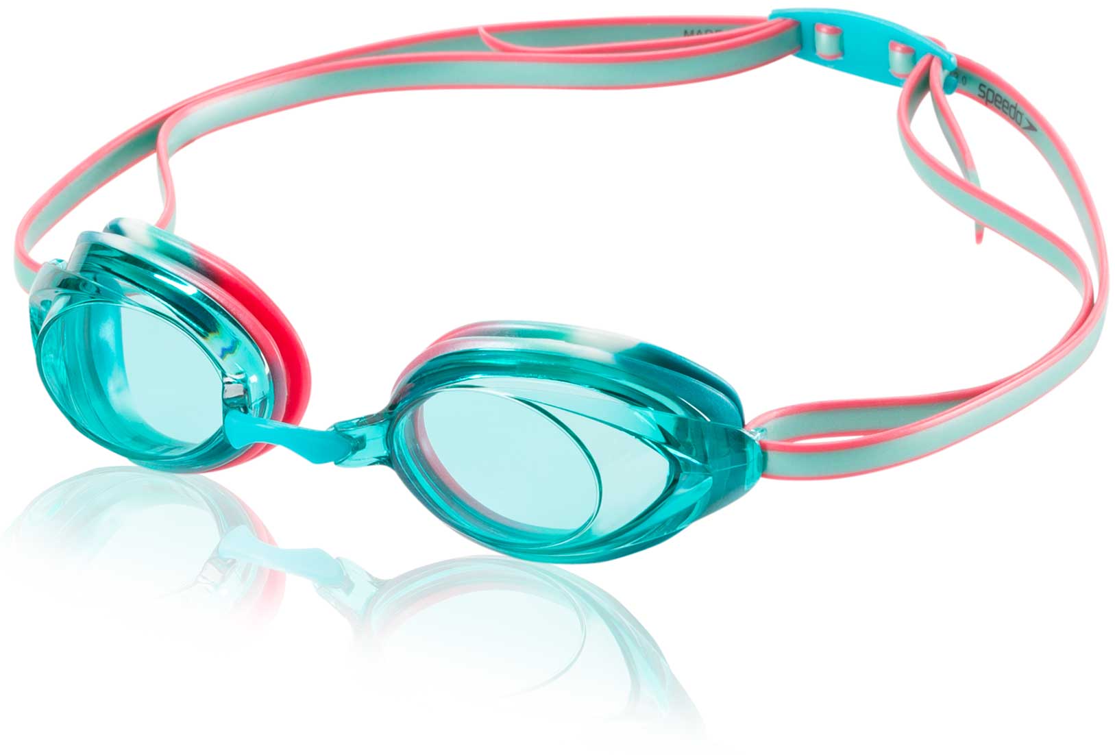 Speedo Jr. Vanquisher 2.0 Swim Goggle - A pair of blue swim goggles with a red strap and clear lenses.