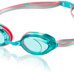 Speedo Jr. Vanquisher 2.0 Swim Goggle - A pair of blue swim goggles with a red strap and clear lenses.
