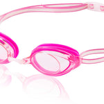 Speedo Jr. Vanquisher 2.0 Swim Goggle - Pink swim goggles with clear lenses and a pink strap.