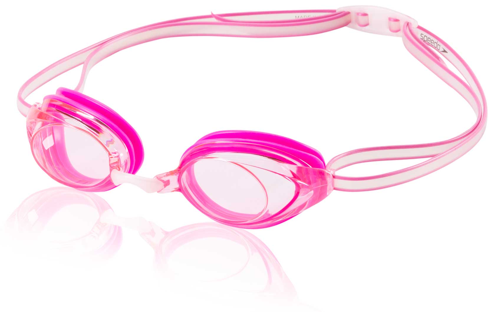 Speedo Jr. Vanquisher 2.0 Swim Goggle - Pink swim goggles with clear lenses and a pink strap.