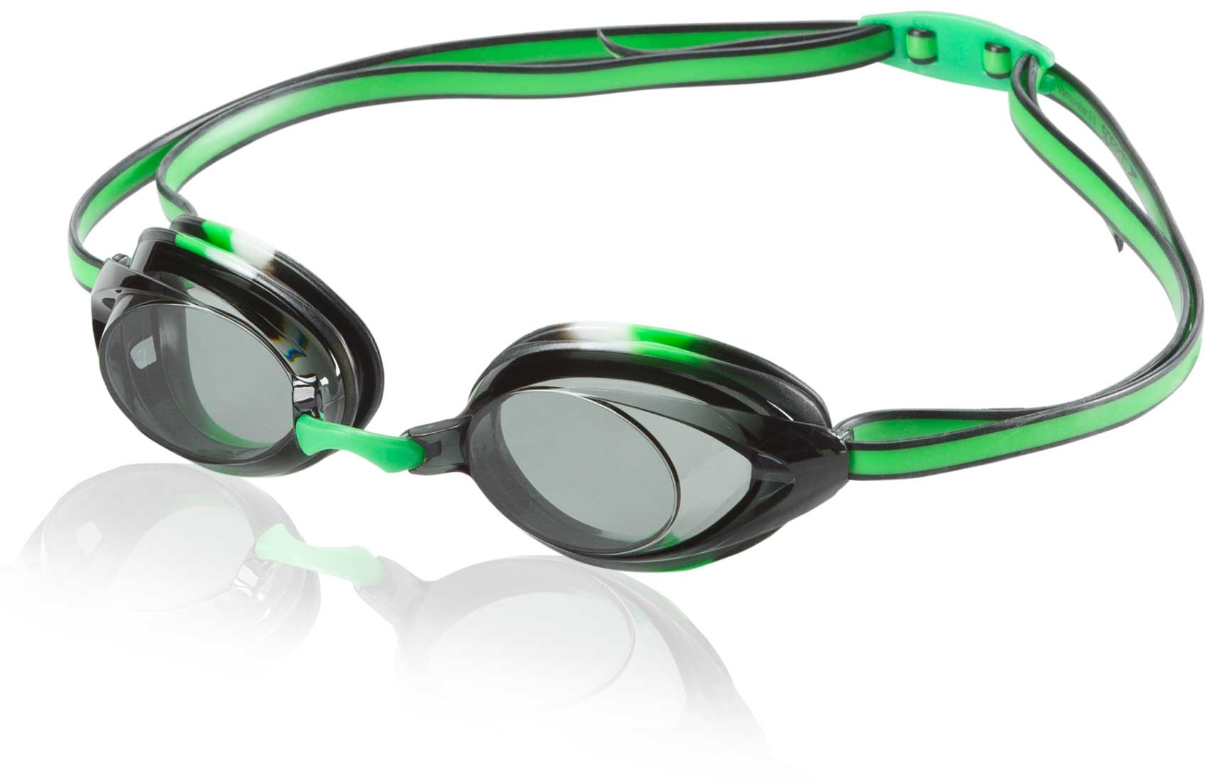 Speedo Jr. Vanquisher 2.0 Swim Goggle - Black swim goggles with lime green accents and a lime green strap.