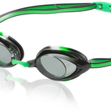 Speedo Jr. Vanquisher 2.0 Swim Goggle - Black swim goggles with lime green accents and a lime green strap.