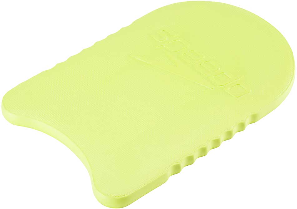 Speedo Jr. Team Kickboard - A lime green kickboard with a textured surface, featuring a wavy pattern on its top side and a flat bottom.