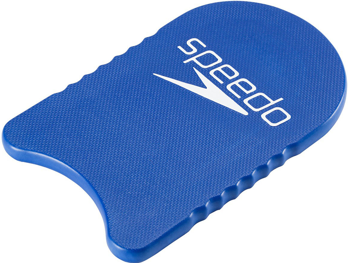 Speedo Jr. Team Kickboard - Blue kickboard with a textured surface, featuring the word "speedo" in white letters on one side and a logo on the other.