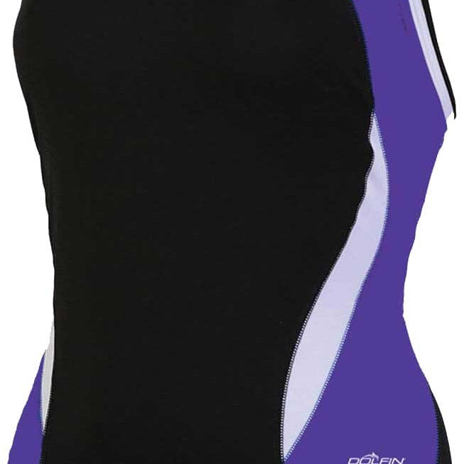 Dolfin Women's Reliance Colorblock DBX Back One-Piece Swimsuit - A black one-piece swimsuit with purple and white colorblocking on the sides.