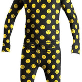 Airblaster Classic Ninja Suit 2023 - Black full-body suit with yellow smiley faces and a black zipper down the front.
