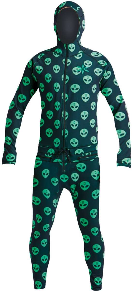 Airblaster Classic Ninja Suit 2023 - Black suit with green alien faces all over.