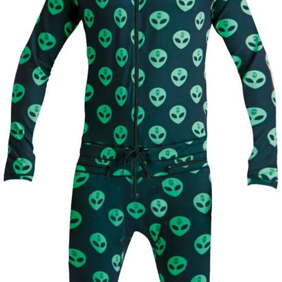 Airblaster Classic Ninja Suit 2023 - Black suit with green alien faces all over.