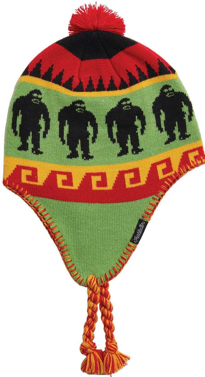 Airblaster Squatchamama Beanie 2023 - A green beanie with a repeating pattern of black Bigfoot silhouettes and red, yellow, and orange accents.