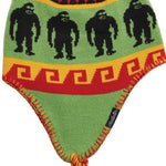 Airblaster Squatchamama Beanie 2023 - A green beanie with a repeating pattern of black Bigfoot silhouettes and red, yellow, and orange accents.