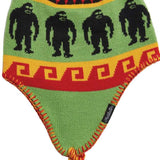 Airblaster Squatchamama Beanie 2023 - A green beanie with a repeating pattern of black Bigfoot silhouettes and red, yellow, and orange accents.