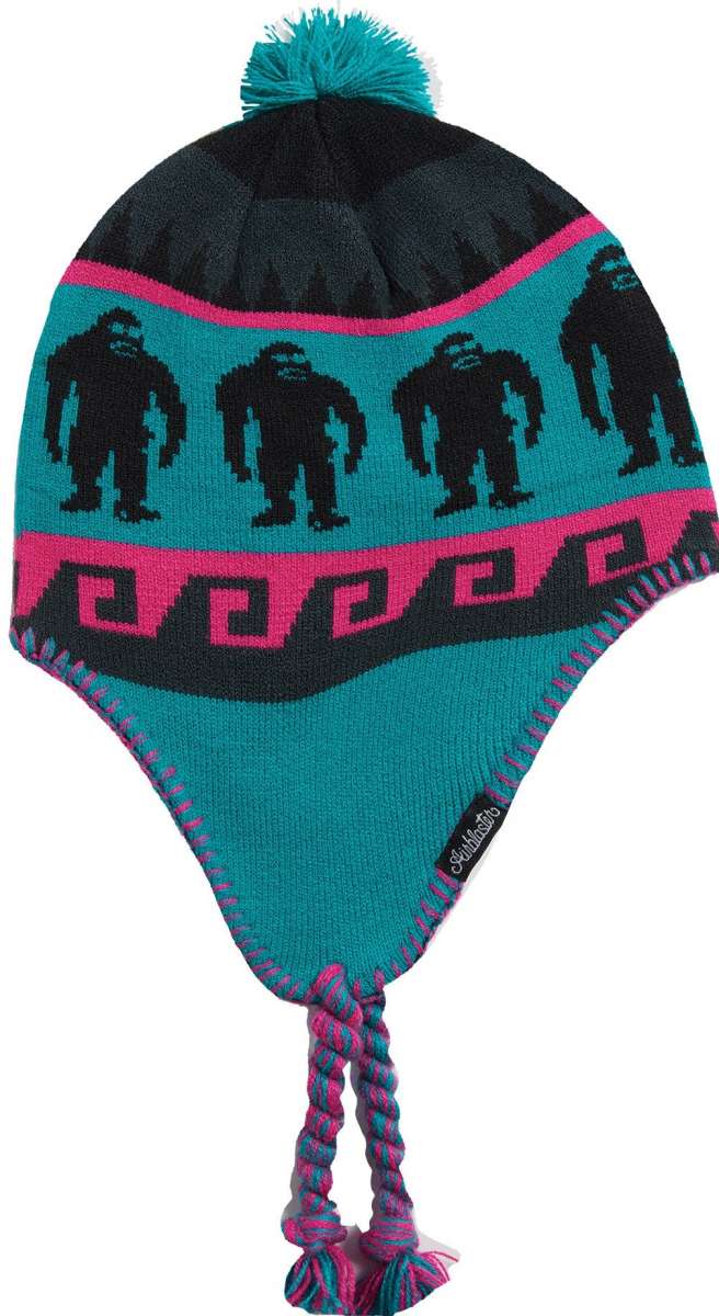 Airblaster Squatchamama Beanie 2023 - A teal beanie with a pink stripe and black yeti silhouettes.
