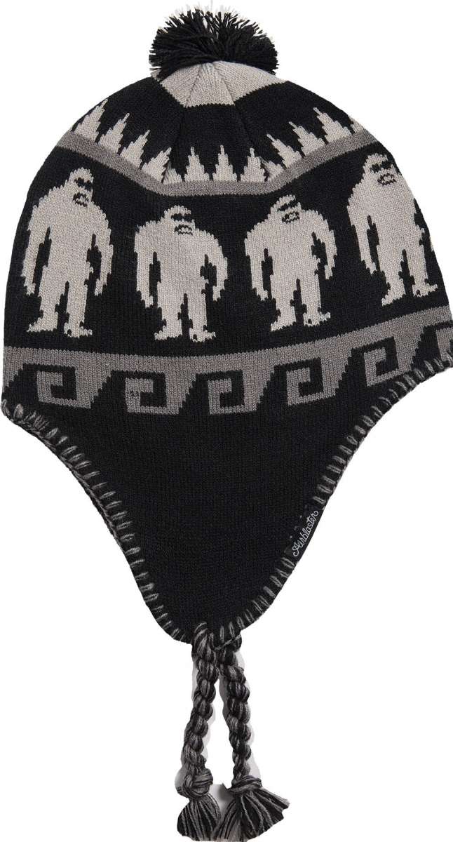 Airblaster Squatchamama Beanie 2023 - A black beanie with a repeating pattern of white Sasquatches and geometric shapes.
