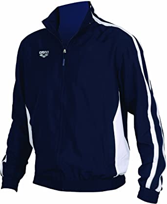 Arena Prival Warm Up Jacket - A navy blue jacket with white accents on the sleeves and chest, featuring a zip-up front.
