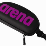 Arena Swim Goggle Case - Black zippered pouch with a small handle on top, featuring the word "arena" in purple letters across the front.