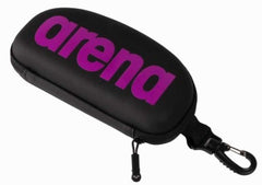 Arena Swim Goggle Case - Black zippered pouch with a small handle on top, featuring the word "arena" in purple letters across the front.