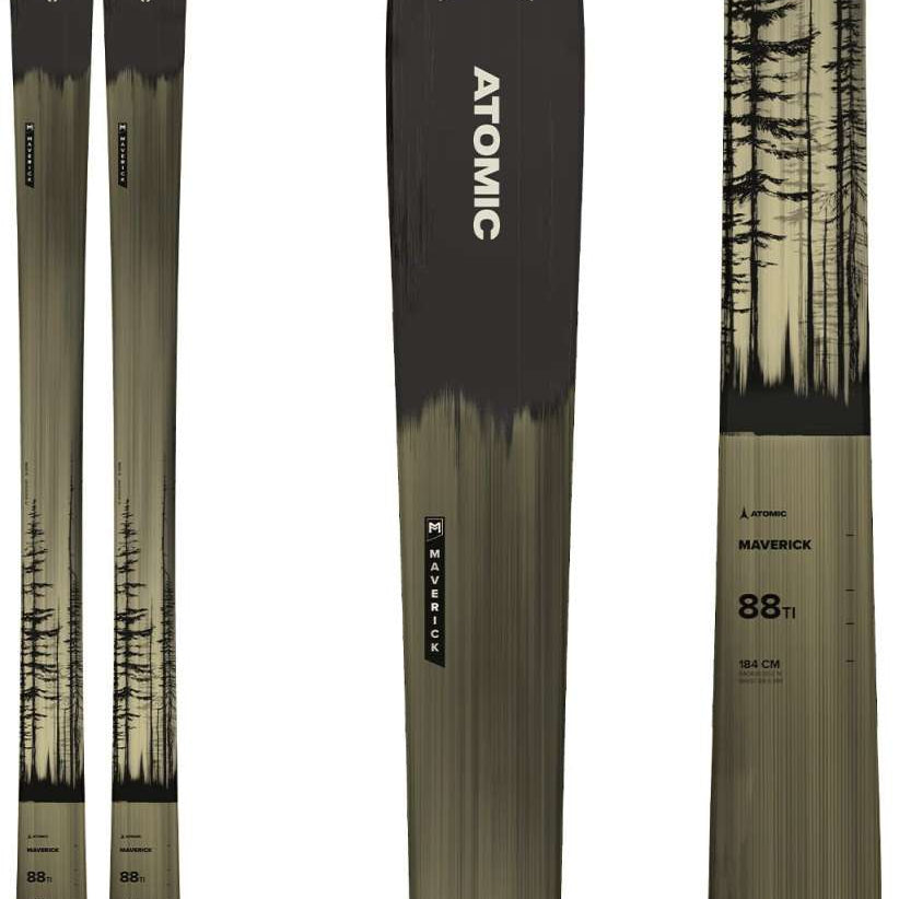 Atomic Maverick 88 TI Ski 2022 - A black ski with a white logo and trees printed on it.